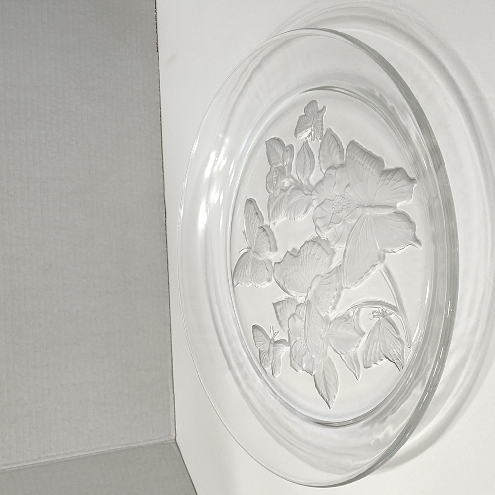 Heavy Weight  Large Cut Glass Serving Platter with Butterflies and flowers.